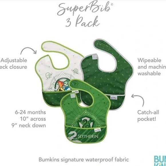 New 6-24m Slytherin Harry Potter Bumkins waterproof bibs. 3 pack. BNWT​ - Picture 2 of 3